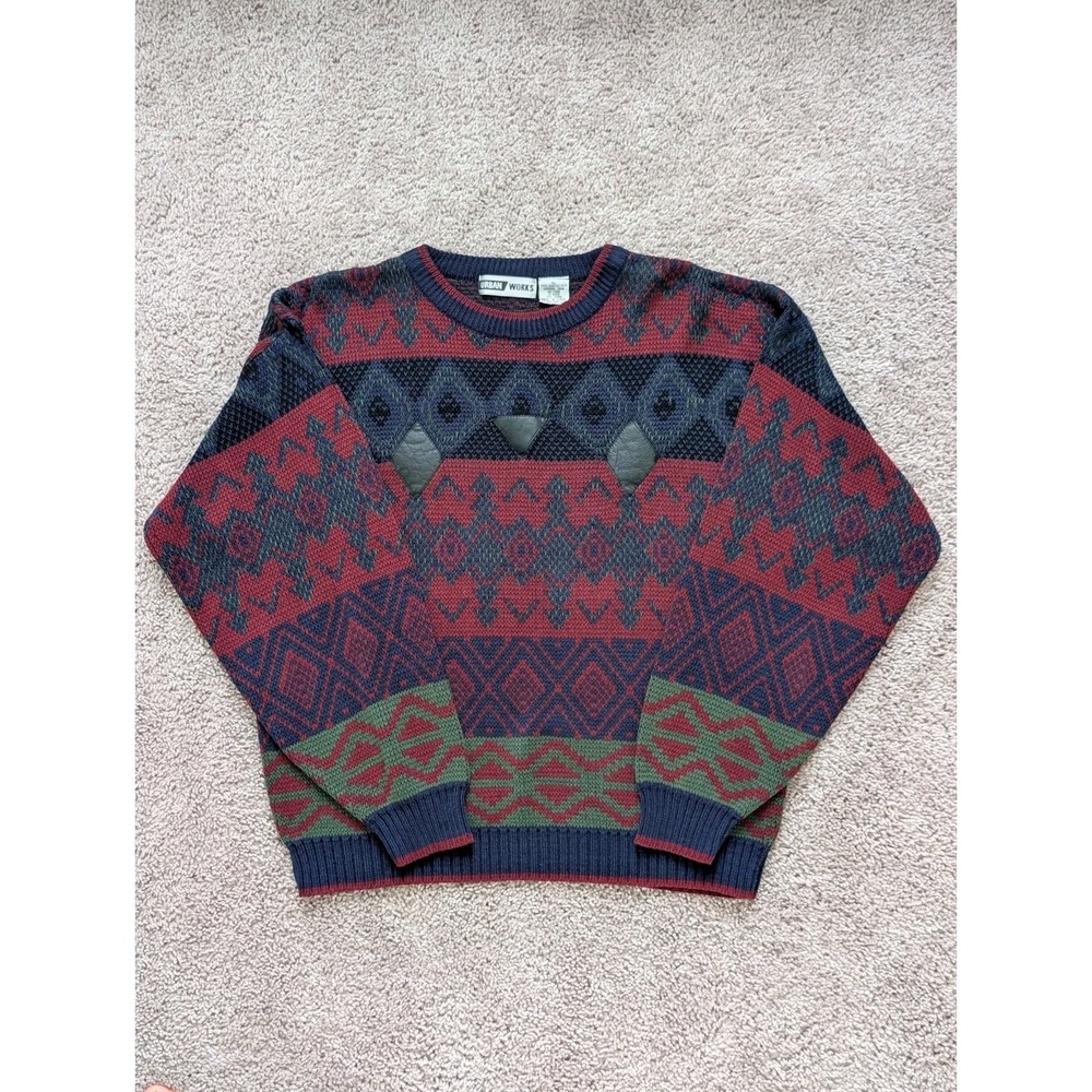 Vintage Urban Works Sweater Mens XL 80s Red Geometric Acrylic Leather Grandpa